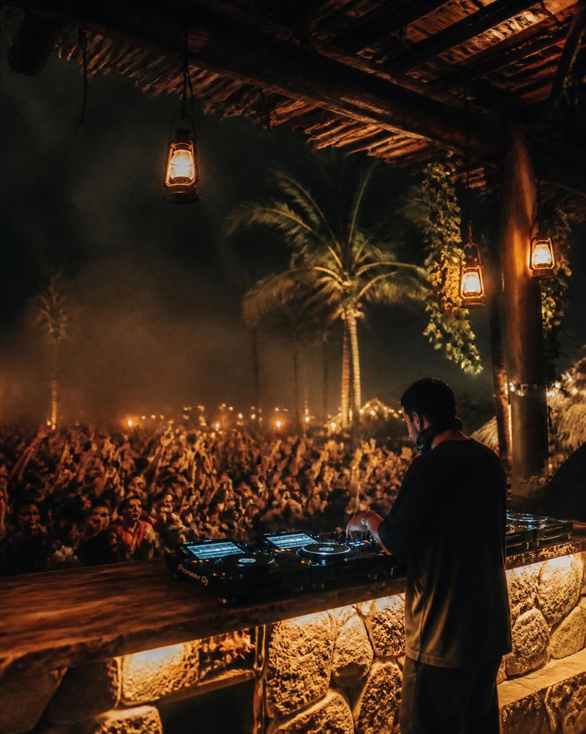 DJ tocando ao ar livre em palco de pedra e madeira sob lanternas, com público ao entardecer